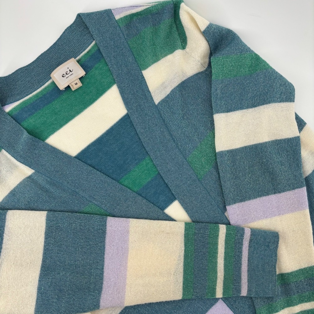 ECI New York Women Shimmer Cardigan M Green Striped Lurex Open Front Long Sleeve
